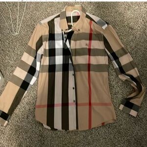 Burberry Beige Plaid Button-Up Shirt with Black and Red Accents